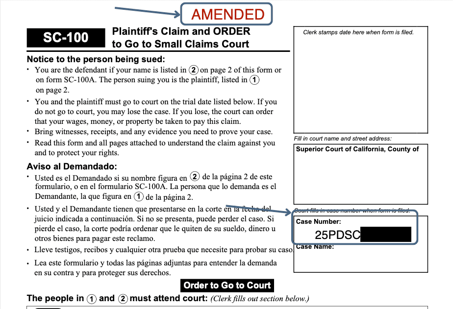 Top of SC-100 showing AMENDED annotation